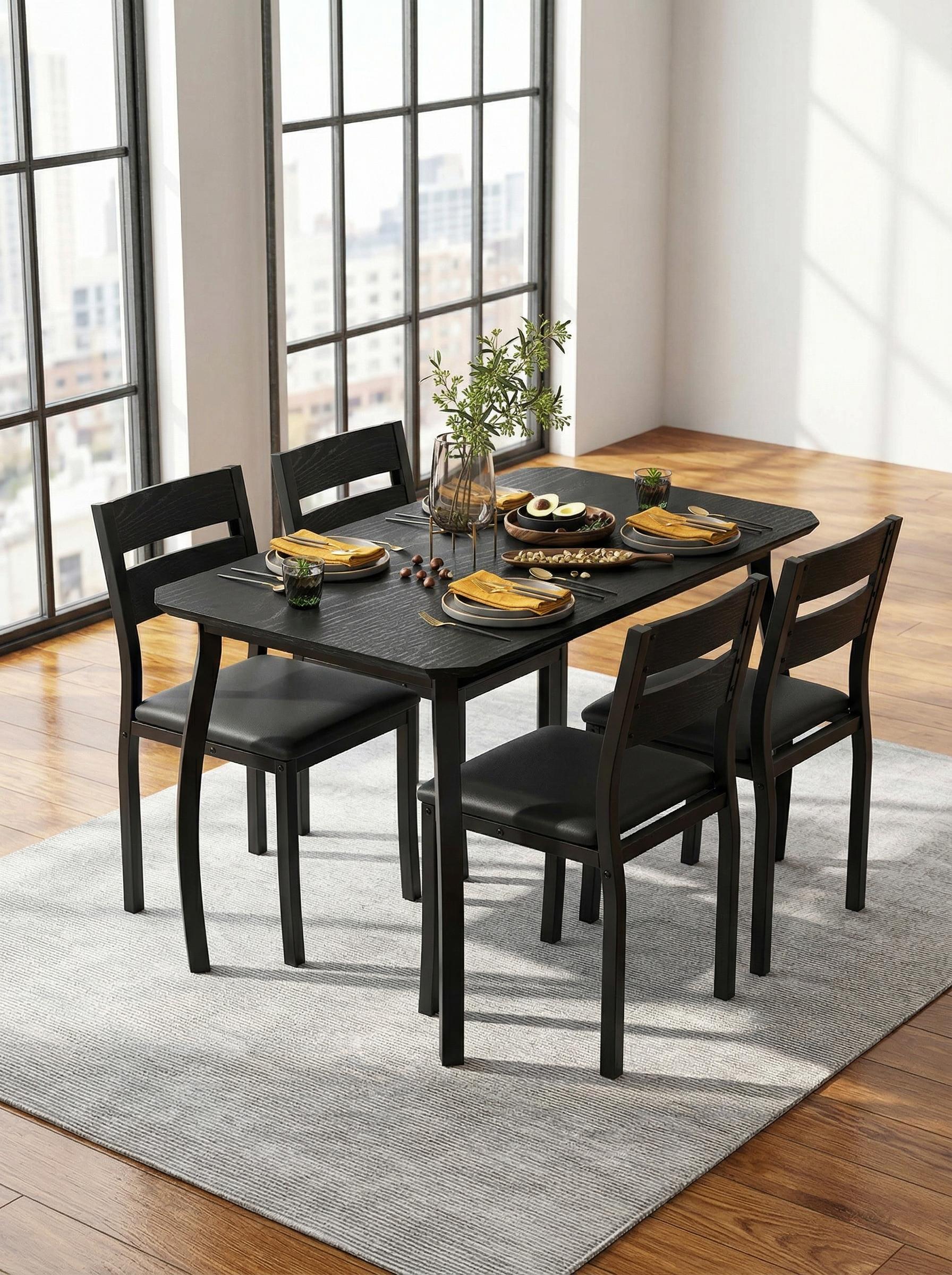 YJ-Garvee 5-piece dining set for 4 people featuring a wooden table (110 x 70 x 76 cm) and 4 padded chairs with beveled edges, designed for small spaces and modern dining areas in natural finish