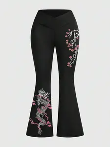 Women's High Waist Criss Cross Flared Pants, Fitted Long Regular Fit, Vintage Graphic Style, Casual Commuter Wear, All Seasons Crossover High Waist