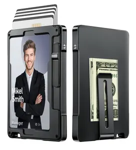 umoven Minimalist Wallet for Men, Slim Aluminum Metal Money Clip Card Holder, Pop-Up Card Case, RFID Blocking Mens Wallet with ID Window, Front Pocket Wallet for Men(Black)