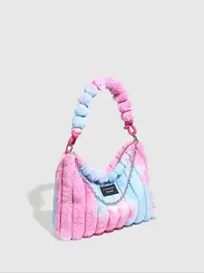 Women's Tie Dye Fluffy Shoulder Bag With Chain Strap, Trendy Large Capacity Square Bag For Fall & Winter, Female Underarm Bag For Party, Club, Crossbody Chain Bag