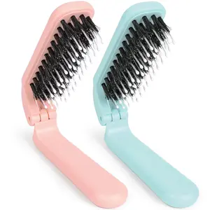 Foldable Hair Brush, 2 Pack Mini Boar Bristle Hair Brush, Compact Folding Travel Brush for Women, Men, and Kids