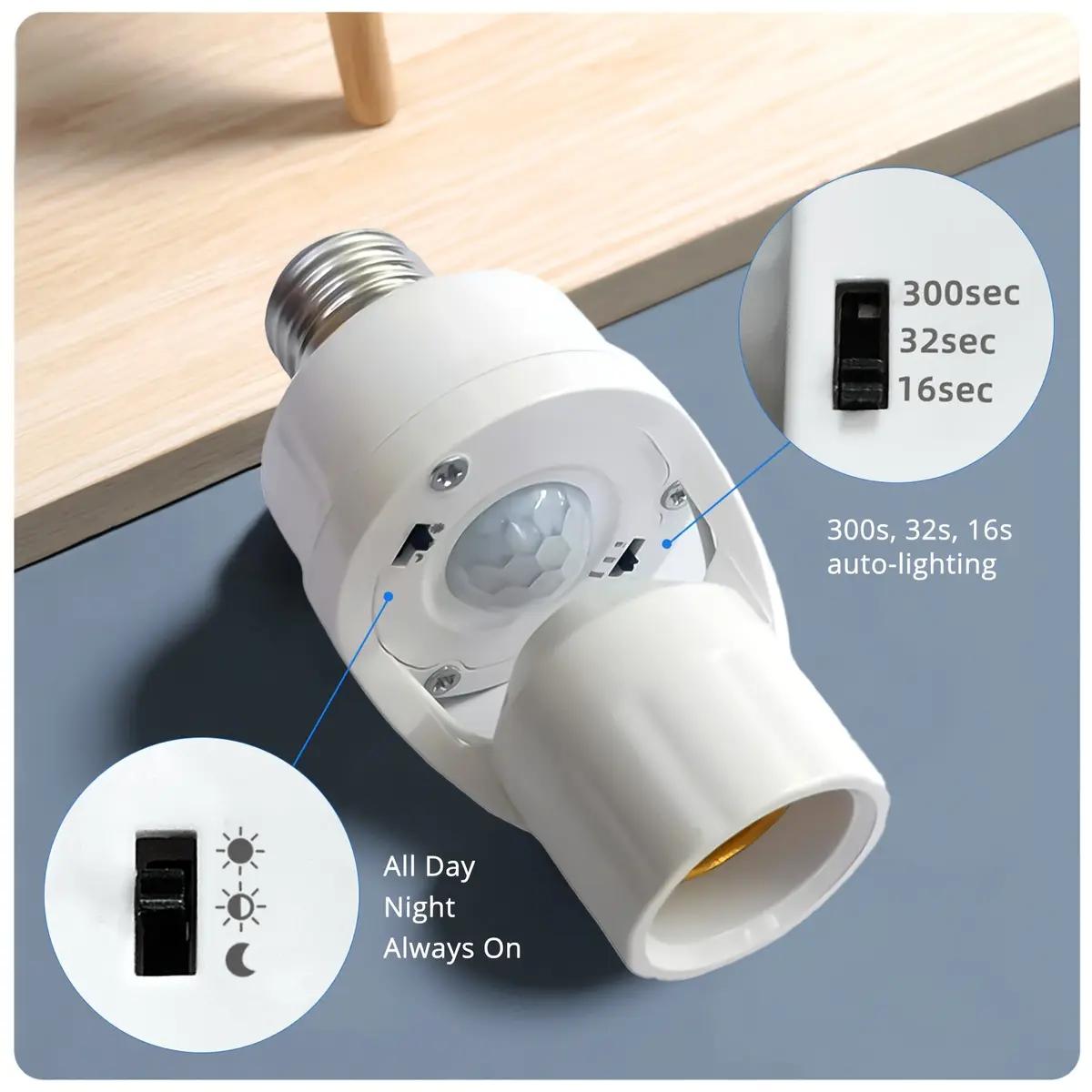 Motion Sensor E27 Socket Adapter with Human Body Infrared Detection, 6m Detection Range, Auto On/Off, No Wiring, High Sensitivity for LED/CFL Bulbs (85-265V),Ideal for Porch,Garage,Yard & Outdoor Security Lighting - Smart Home, Energy-Saving,Easy Install