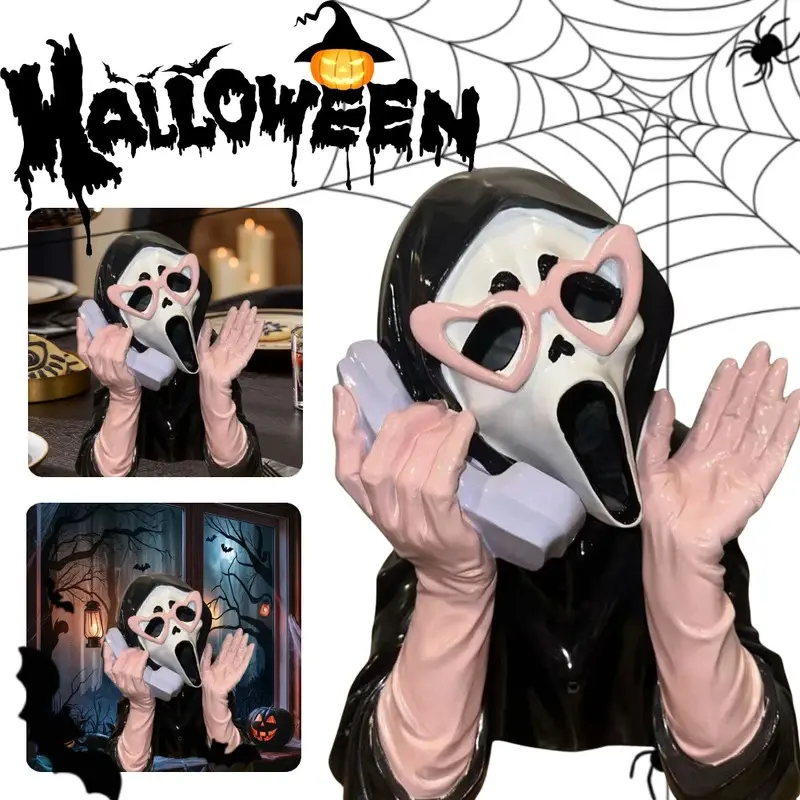 Pink Screaming Ghost Face Statue Spooky Resin Ghost Mouth Figurine Gothic Halloween Decor Props for Desktop Bookshelf Ornaments