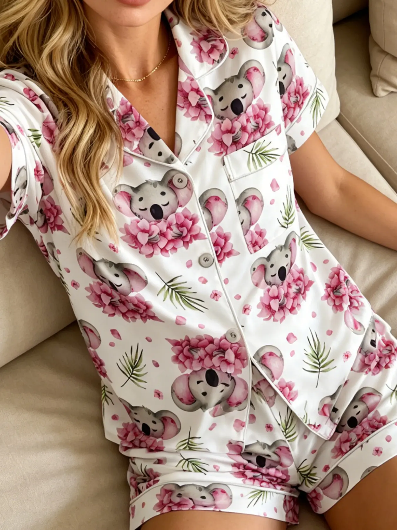Women's Pajamas Set 2026 Summer Collection Trendy Cute Koala Bear Pink Floral Print Lightweight Breathable Button Down Short Sleeve Shorts Milk Silk Soft Comfy Loose Fit 2 Piece Casual Sleepwear Loungewear Daily Wear for Women