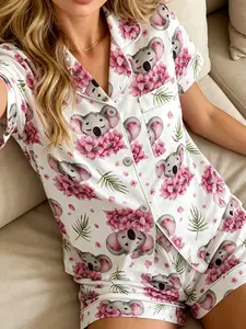 Women's Pajamas Set 2026 Summer Collection Trendy Cute Koala Bear Pink Floral Print Lightweight Breathable Button Down Short Sleeve Shorts Milk Silk Soft Comfy Loose Fit 2 Piece Casual Sleepwear Loungewear Daily Wear for Women
