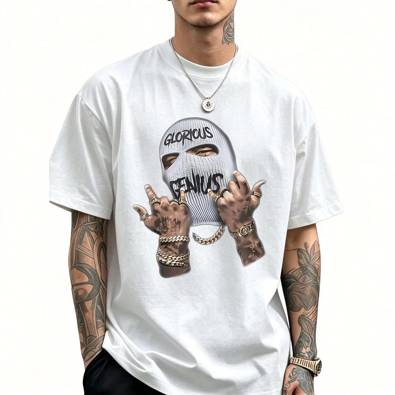 Bold Graphic Print Men Short Sleeve T shirts with Balaclava and Guns Glorious Genius Text Casual Round Neck Summer Tops for Statement Making Style Machine Washable Comfort Fit Novelty Streetwear