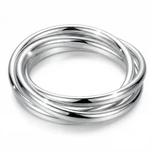 Women's 3-Ring Intertwined Rolling Bangle Bracelet, S925 Sterling Silver Plated Triple Interlocking Tubular Rings, Hypoallergenic High Polished Jewelry, 2.55" Inner Diameter