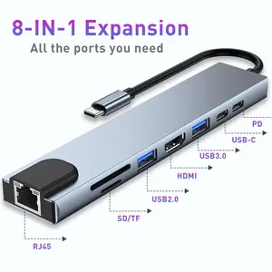 USB Hub 3.0 USB C Hub with SD Card Reader Audio Jack 8 in 1 USB Extender Splitter Multiport Dongle Adapter for MacBook Pro Air and More PC/Laptop/Tablet Devices