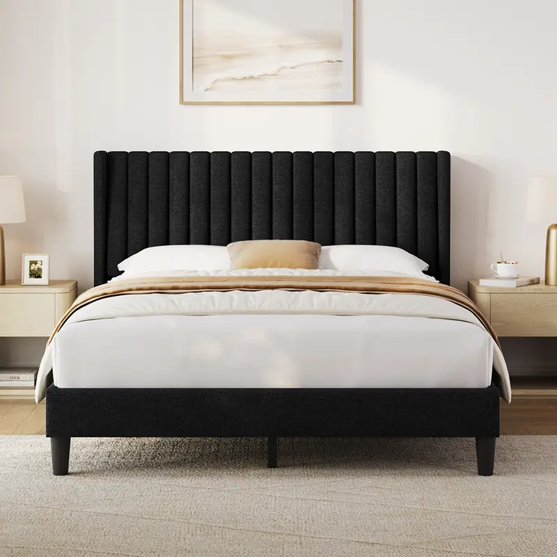 Costoffs Linen Fabric Upholstered Bed Frame Queen with Wood Slat Ventilation 6" Under-Bed Space Easy Assembly