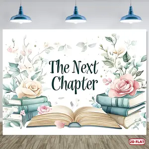 1pc 2D Flat, Polyester Photography Backdrop, "The Next Chapter" Floral & Books Design, No Electricity Needed, Ideal for Wedding & General Celebrations, Multiple Available
