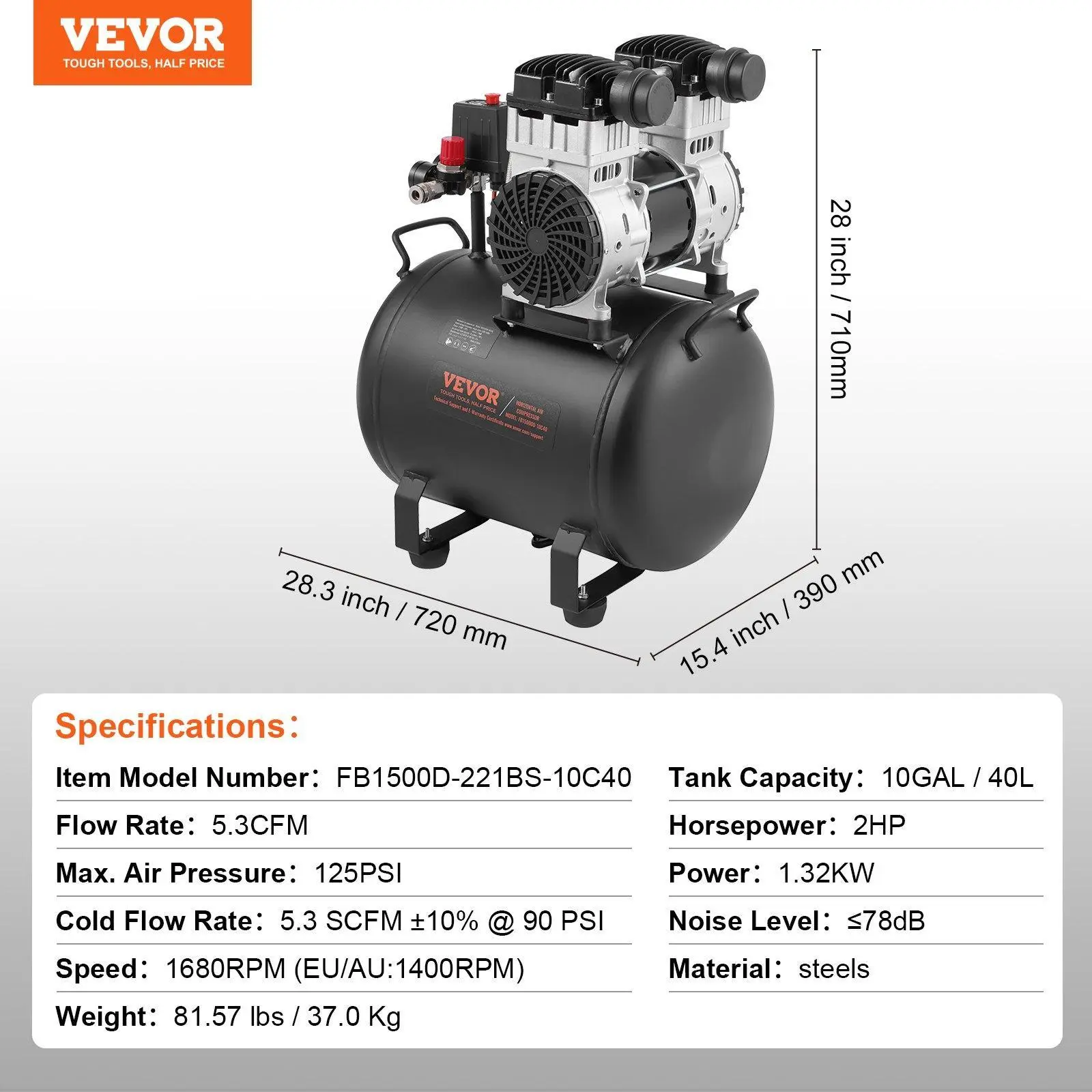 10 Gallon 1320W 5.3 CFM@ 90PSI 80 dB
