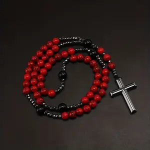 Natural Stone Red Turquoise Black Agate Haematite Men's Cross Beads Long Chain
