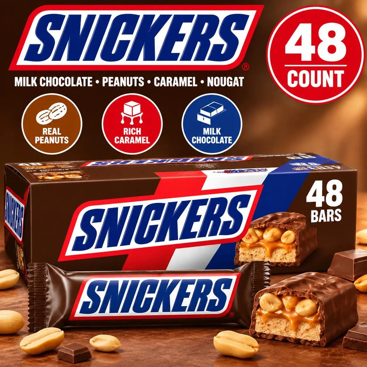 Snickers Chocolate Candy Bars 48 Count Milk Chocolate Peanut Caramel Nougat Bars