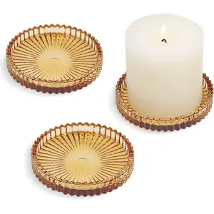 Glass Pillar Candle Holder, 4" Amber Candle Plates Set of 3, Glass Candle Holders for Wedding, Party, Holiday, Home Decor, Table Centerpiece
