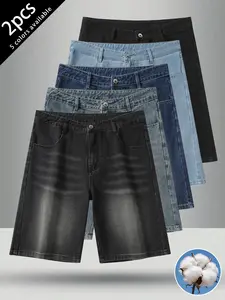 2-pack men’s denim shorts: men’s denim shorts, men’s shorts, men’s cotton-blend denim shorts, men’s mid-thigh denim shorts. Loose straight fit with a button-and-zip front design. Suitable for everyday casual wear, commuting to work, holiday gatherings—ver