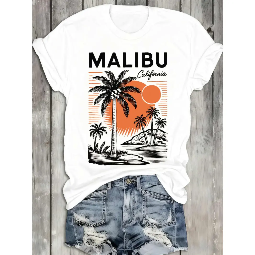 Women's Cotton Short-Sleeve Graphic Tee, Malibu California Sunset Palm Tree Print, Soft Breathable Casual Top for Beach Vacation Summer Wear
