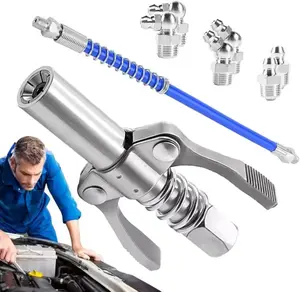 Professional Pneumatic Grease Gun Coupler with Quick Lock Release, 12 Inch Flexible Hose, Double Handle Design, Six Petal Lock Mechanism