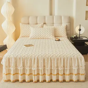 1pc Lace Bed Skirt, Thick Quilted Mattress Protector, All-Season Washable, Suitable for Bedroom, Guest Room, Hotel, Dorm Decor