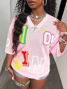 Y2K Street Style Graphic Tee, Colorful Letter Embroidery, V-Neck Loose Fit, Breathable Short Sleeve Top, All Seasons Fashion