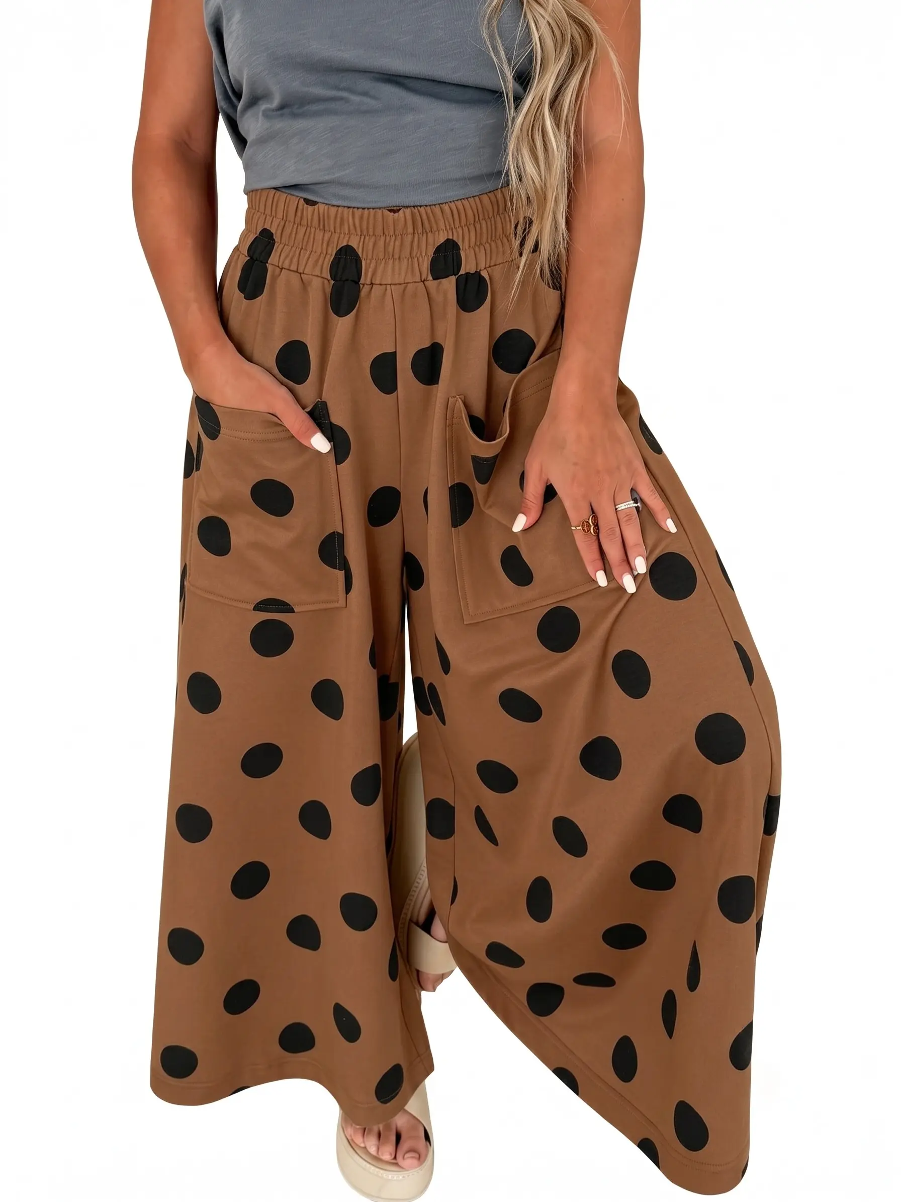 Women's Casual Wide Leg Pants High Elastic Waist Polka Dot Lounge Trousers with Pockets