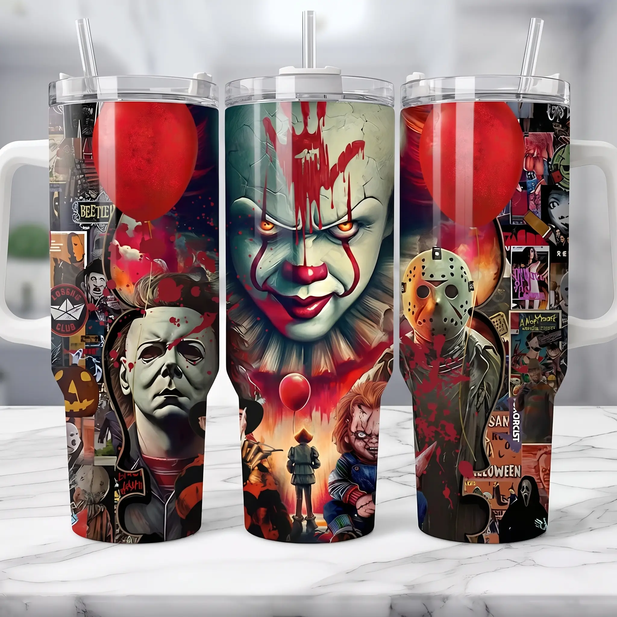 Horror Movie Characters 40oz Tumbler With Handle & Straw, Pennywise Red Balloon, Michael Myers Mask, Jason Voorhees Hockey Mask, Chucky Doll, Halloween Horror Collage, Insulated Stainless Steel Travel Mug, Coffee Cup, Halloween Gift For Horror Fans