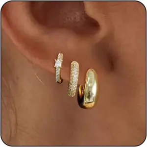 3Pairs Gold Hoop Earrings Set for Women Trendy, 14K Gold Plated Lightweight Small Gold/Silver Hoop Earrings for Women Chunky Open Hoops Earrings Jewelry Gifts