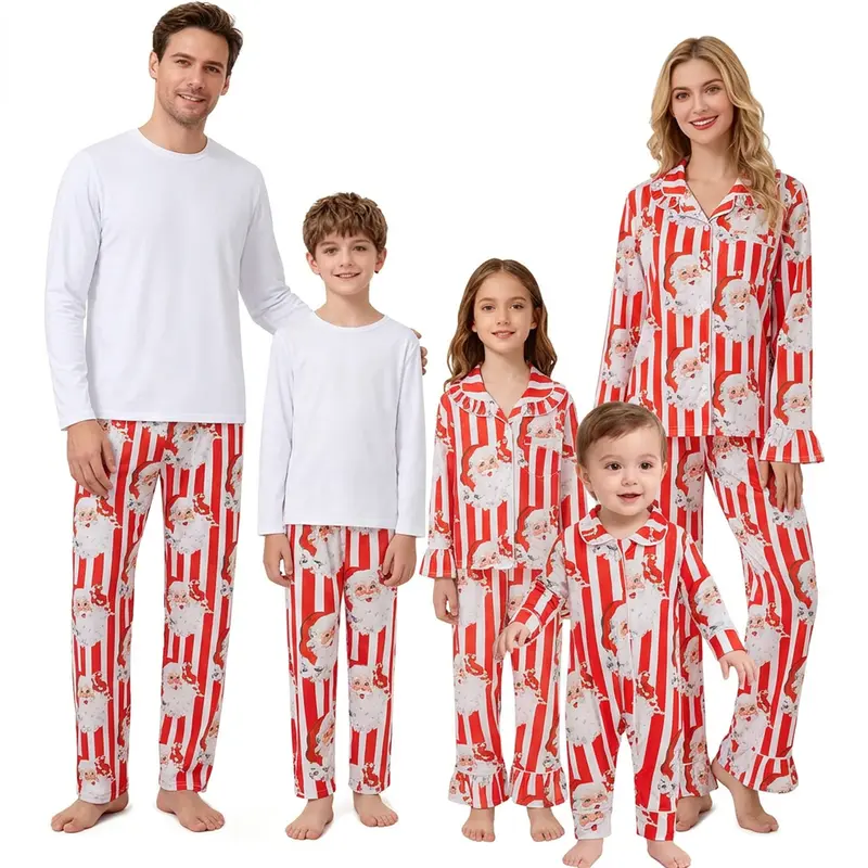 FOCUSNORM Christmas Family Matching Satin Pajama 2Pieces Set Men Women Kids Ruffle Hem Peter Pan Collar Button Down Long Sleeve Shirt Top + Long Pants Loungewear Santa Claus Sleepwear