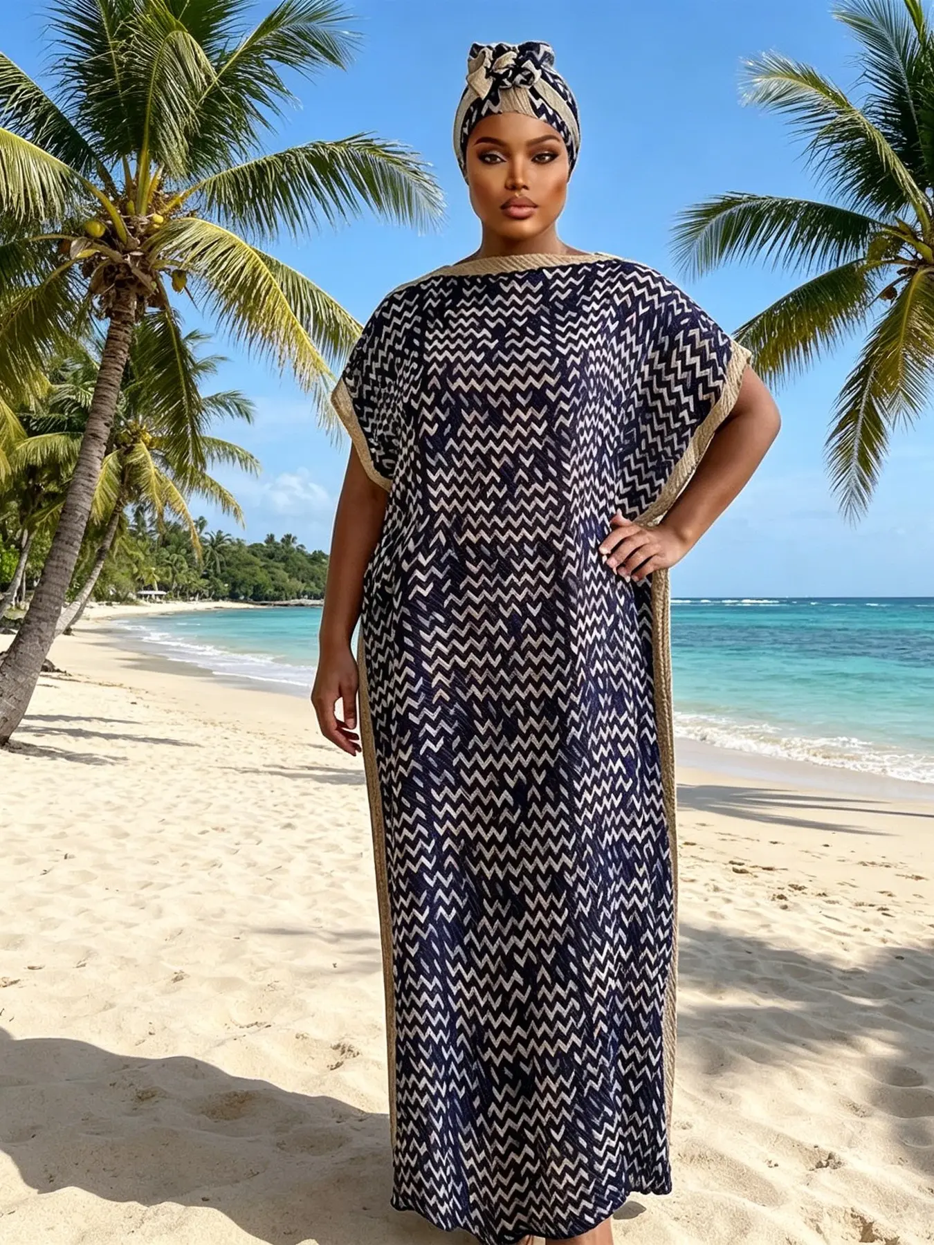 Geometry Print Abaya Set, Geometric African Kaftan Dress with Matching Hijab, Breathable Summer Dashiki Boubou for Women, Stylish and Comfortable, Casual Loose Dress
