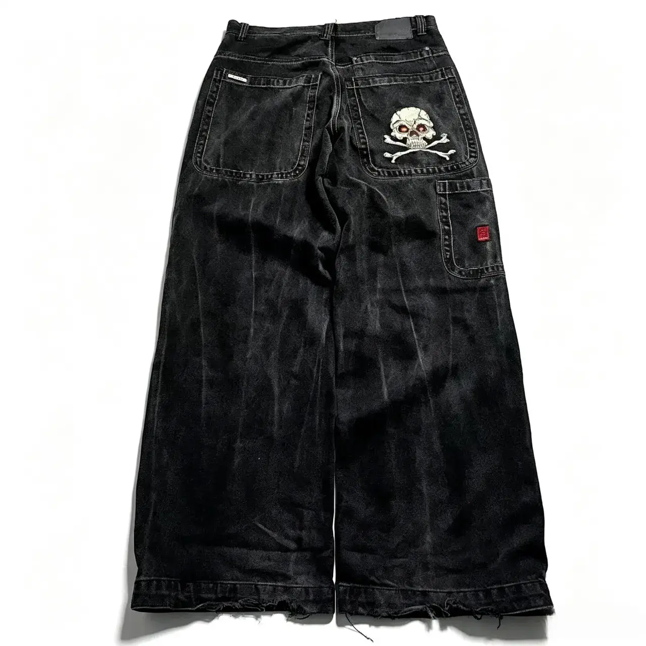 Vintage Black Washed Baggy Carpenter Jeans Skull Crossbone Embroidery Y2K Streetwear Wide Leg Denim Pants for Men