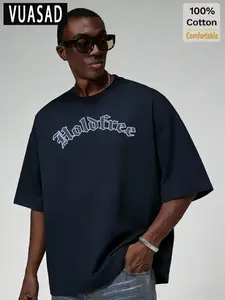 American Gothic Letter Print Short Sleeve T-Shirt for Men, Loose Fit Drop Shoulder Heavy Cotton Trendy Top, Casual Versatile Half Sleeve