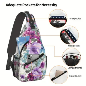 [Made in US] Crossbody Chest Bag Hiking Blooming Flowers Polyester Composite Cloth Large Capacity Durable Shoulder Bag for Shopping Work Leisure Travel Beach Fishing