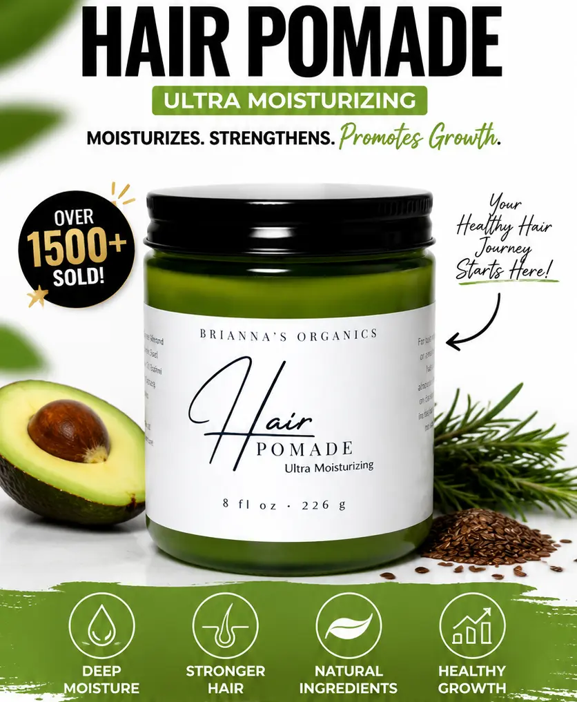 Brianna’s Organics Ultra Moisturizing Hair Growth Pomade - 8 oz (Men’s Hair Care) | Organic Jojoba, Tea Tree, Coconut & Olive Blend | For All Types, Length Retention, Nourishes Scalp, Reduces Breakage, Hydrates Strands, Edges Care, Dry