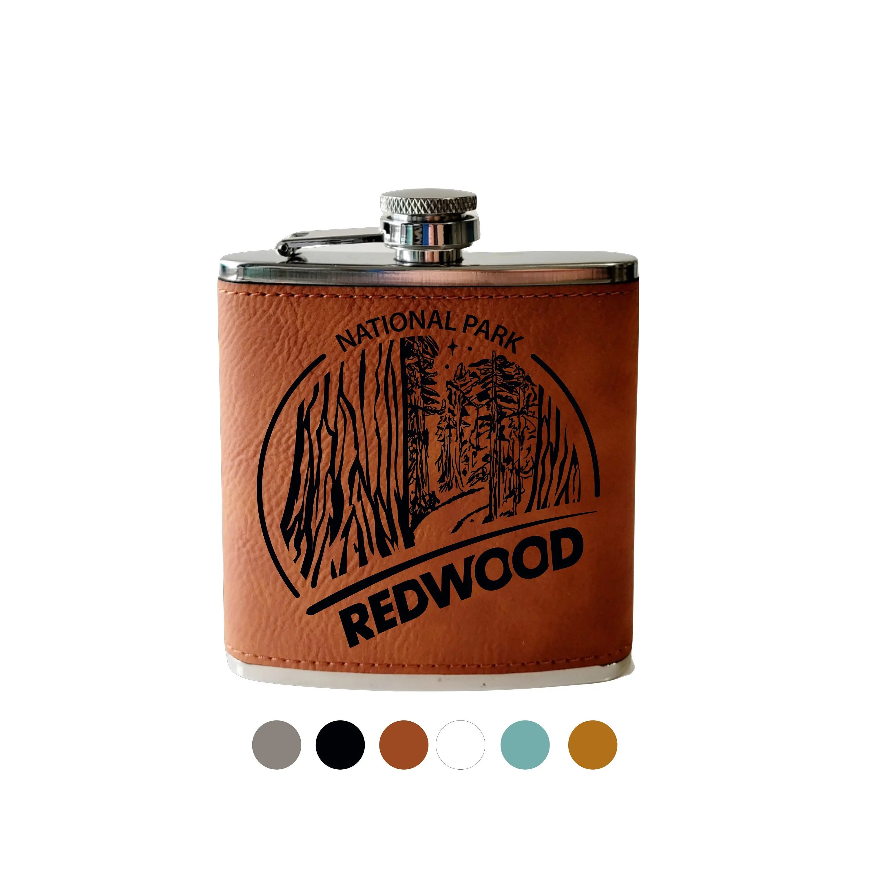 Flask- Redwood National Park  Engraved flask.  Leather Hip Flask. hip flask stainless steel