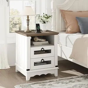 Farmhouse End Table White Nightstand Wood Sofa Table Square Side Table with Charging Station Nesting Table with 2 Drawers for Bedroom Living Room