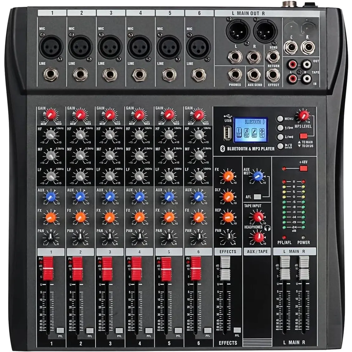 Compact DX6 Professional 6-Desk Sound Board Mixer Console - USB Audio Mixer with Digital USB MP3 Input, 48V Phantom Power, Stereo FX, Steel Chassis, Phone/Plug Compatibility for PC Streaming Devices, Black, Dx6- 6 Channels