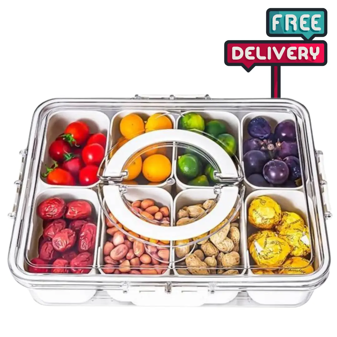 Divided Serving Tray with Lid & Handle Portable Sturdy Snackle Box for Kitchen Candy Fruits Nuts & Snacks Clear Container for Parties & Entertaining
