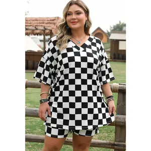 Black Checkered Pattern Tee and Shorts Plus Size Two Piece Set