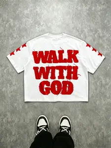 Unisex "Walk With God" Graphic Printed Cropped T-shirt, Oversized Streetwear Menswear Top, Y2K Aesthetic Loose Hip Hop Casual Daily Short Sleeve Tee