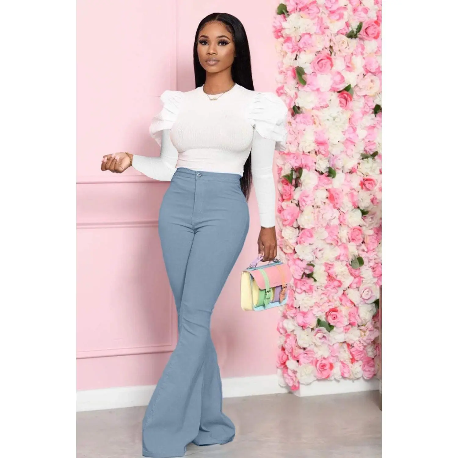 Leg-Of-Mutton Sleeve Top and Flare Pants Set