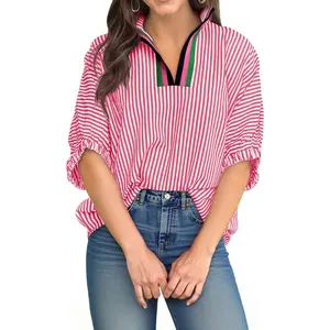 Tankaneo Womens V Neck Striped Blouse Oversized Dolman Sleeve Tops Summer Casual Loose Fit Polo Shirts