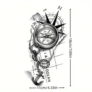 Nautical Compass & Skull Design Temporary Tattoo Stickers Waterproof Semi-Permanent Effect Non-Reflective 1 Pack for Fashion Adventurous Expression