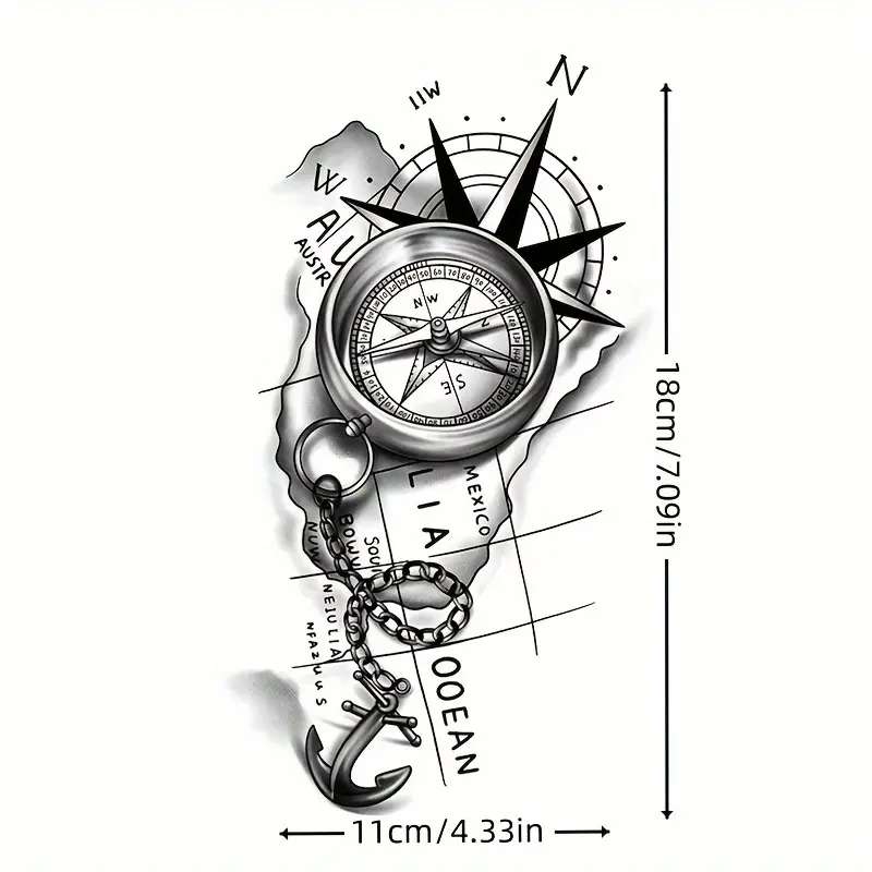 Nautical Compass & Skull Temporary Tattoo Stickers - 1 Pack, Waterproof, Semi-Permanent, Non-Reflective, All Skins Safe, Waterproof for Pool Days, Ideal for Adventure, Youth Modeling, Direction Expression