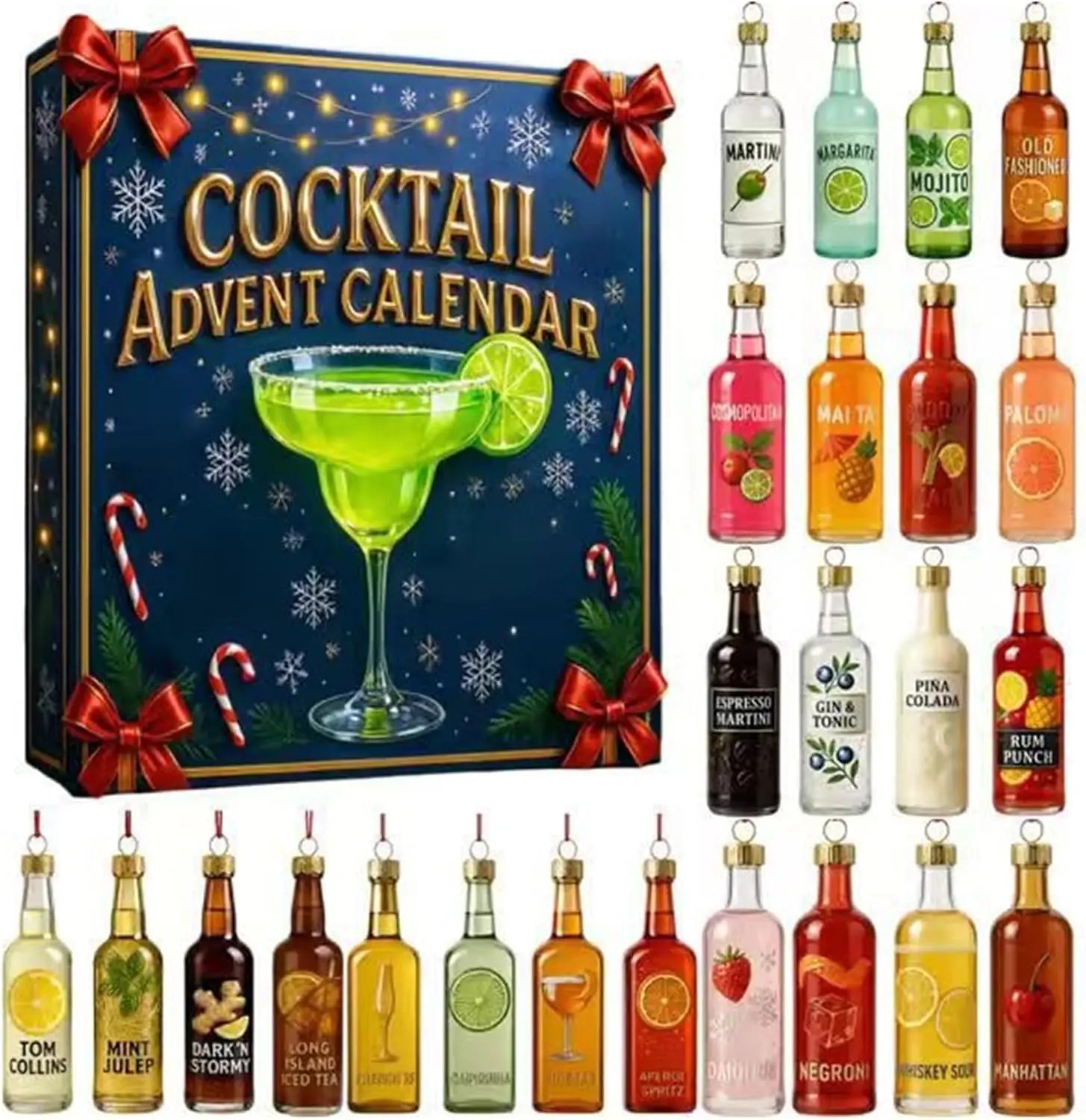 Cocktail Theme Advent Calendar 2026 | 24 Days Christmas Tree 2D Acrylic Flat Ornaments | Festive Drink Lover Holiday Gift Box