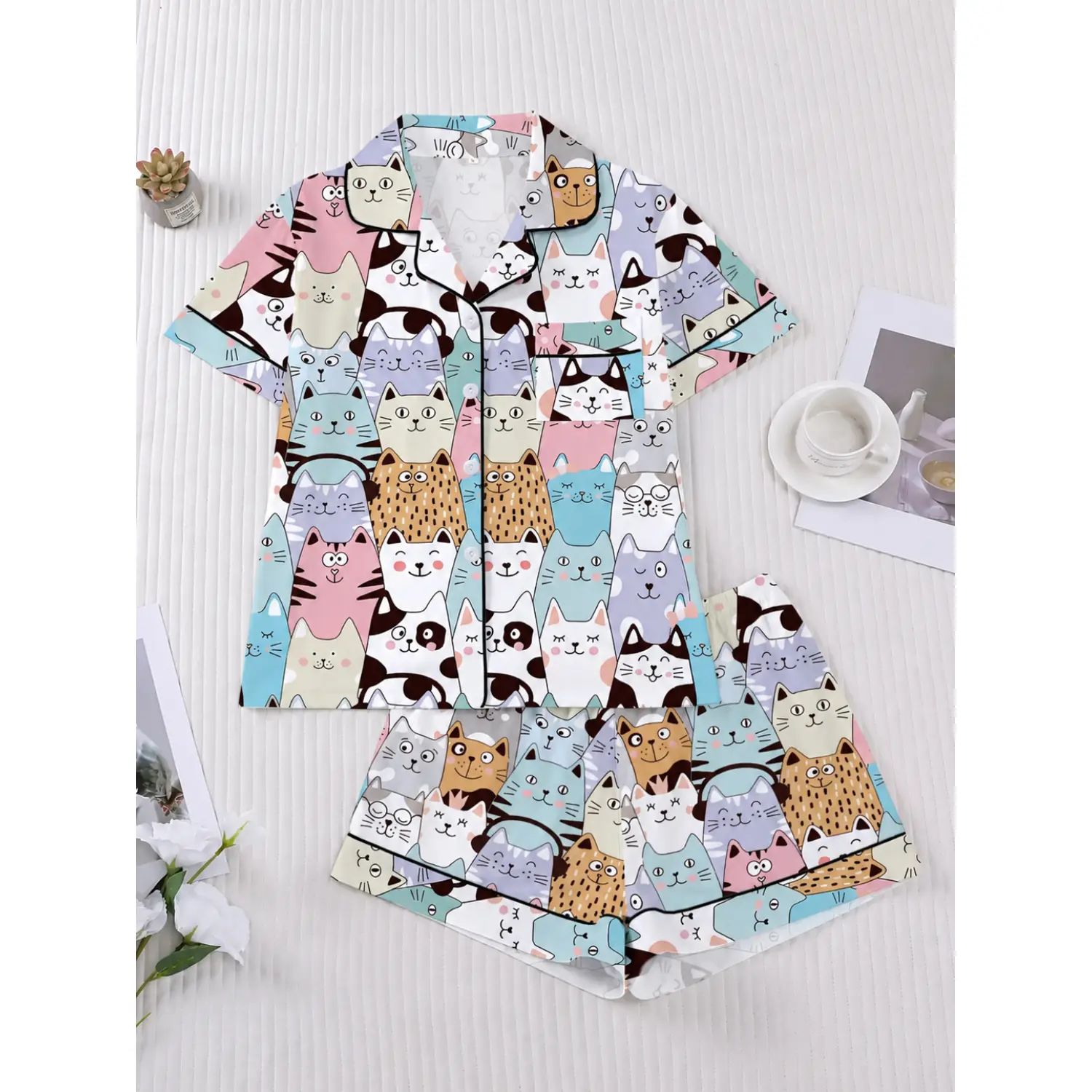 Women's Cartoon Cat Print Pajama Set: Short Sleeve Button-Up Top & Elastic Waist Shorts, Stylish and Comfortable Sleepwear, Perfect for All Seasons