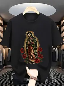 Women's and Men's Guadalupe Our Lady of Guadalupe T-shirts - Black religious attire with red roses - Moisture-wicking sports T-shirt - All-season casual top, suitable for gym and everyday wear - Machine washable