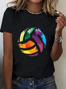 Ladies' Fashionable And Casual Sporty Style - a Vibrant And Colorful Volleyball - a Short-Sleeved Shirt for Sports - Breathable, Sweat-Absorbing, Lightweight, Comfortable, And Soft Printed Sports T-Shirt