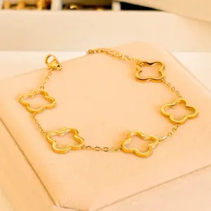 Gold Plated Adjustable Clover Bracelet - Stylish Gold-Tone Clover Design Chain Bracelet for Adjustable Wear