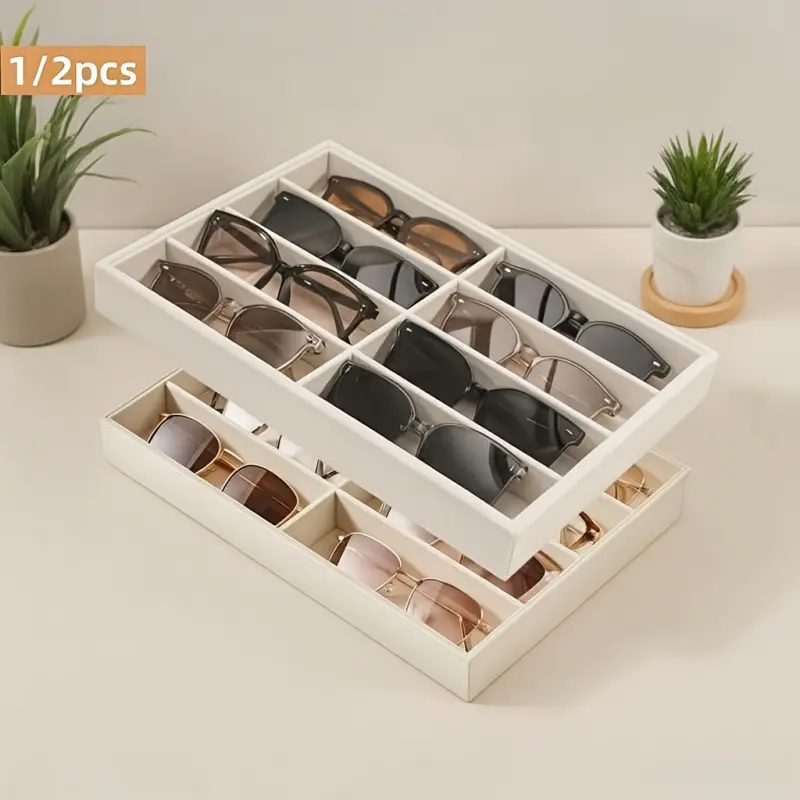 1/2pcs Velvet Fashion Glass Organizer Tray, 8-Grids Beige Drawer Organizer & Stackable Display Case, Adjustable Organizer Set - Scratch-Free Soft Lining for Eyeglasses, Watches, Jewelry - Fits Standard Drawers, Men & Women, Accessory Holder