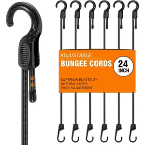 Adjustable Bungee Cords with Hooks 24 Inch, 6 count Elastic Bungee Straps Easily Adjust from 7" to 24", Bungee Cords Heavy Duty Outdoor for Securing Tarps,Tents, Luggage, Cargo,, Bikes
