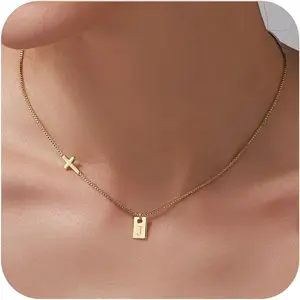 Cross Necklace for Women with Initial, 14K Gold Plated Dainty Cross Pendant Choker Initial Gold Necklace for Women Jewelry Gift